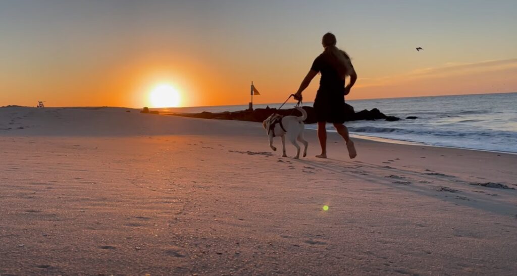 A man walks on the beach with his guide dog, backlit by a sunset.