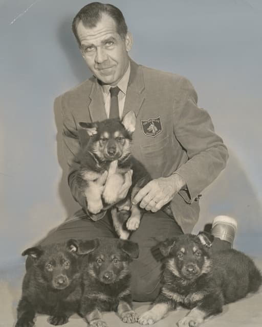 A black and white photo of John L. Weagley, Sr. holding a German shepherd puppy in his arms with three other pups by his side.