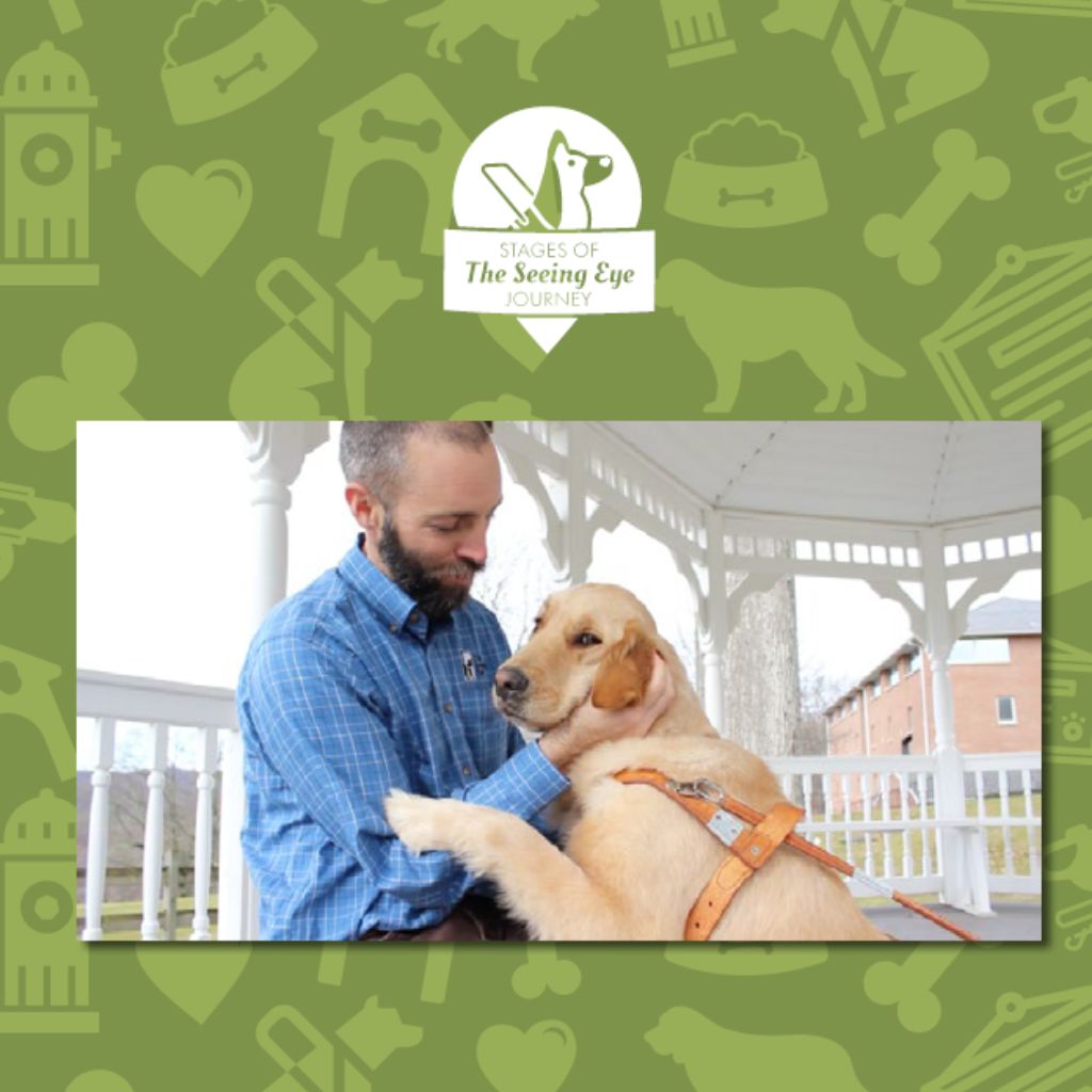 A male instructor embraces the yellow Lab/golden cross he is training.