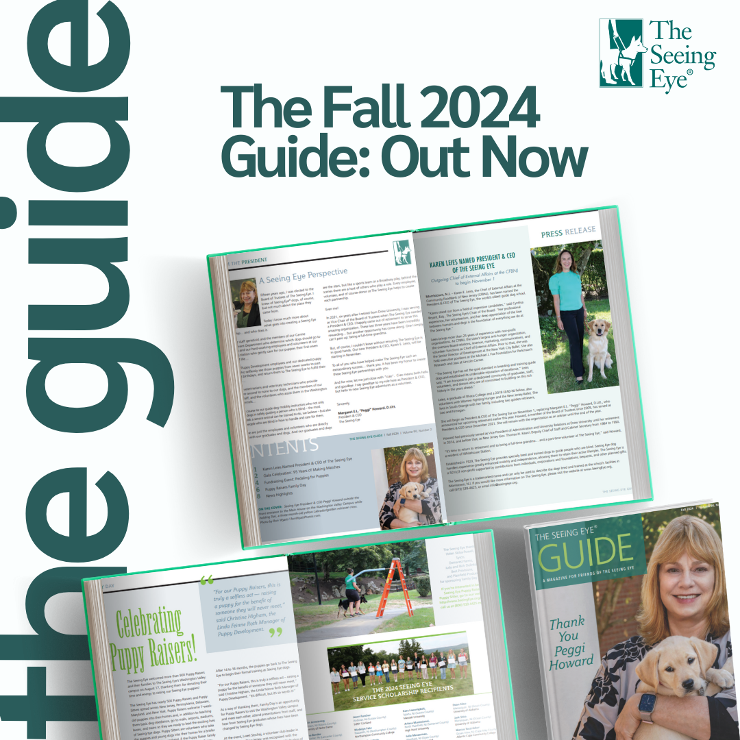 Text surrounding the cover of The Guide and its articles about Peggi Howard, Karen Leies, and Family Day reads, “The Guide – The Fall 2024 Guide: Out Now”