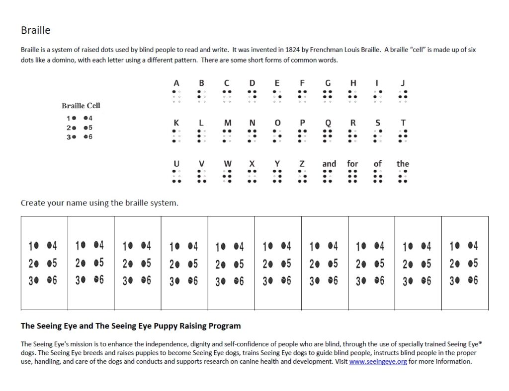 An activity sheet teaching the braille alphabet.