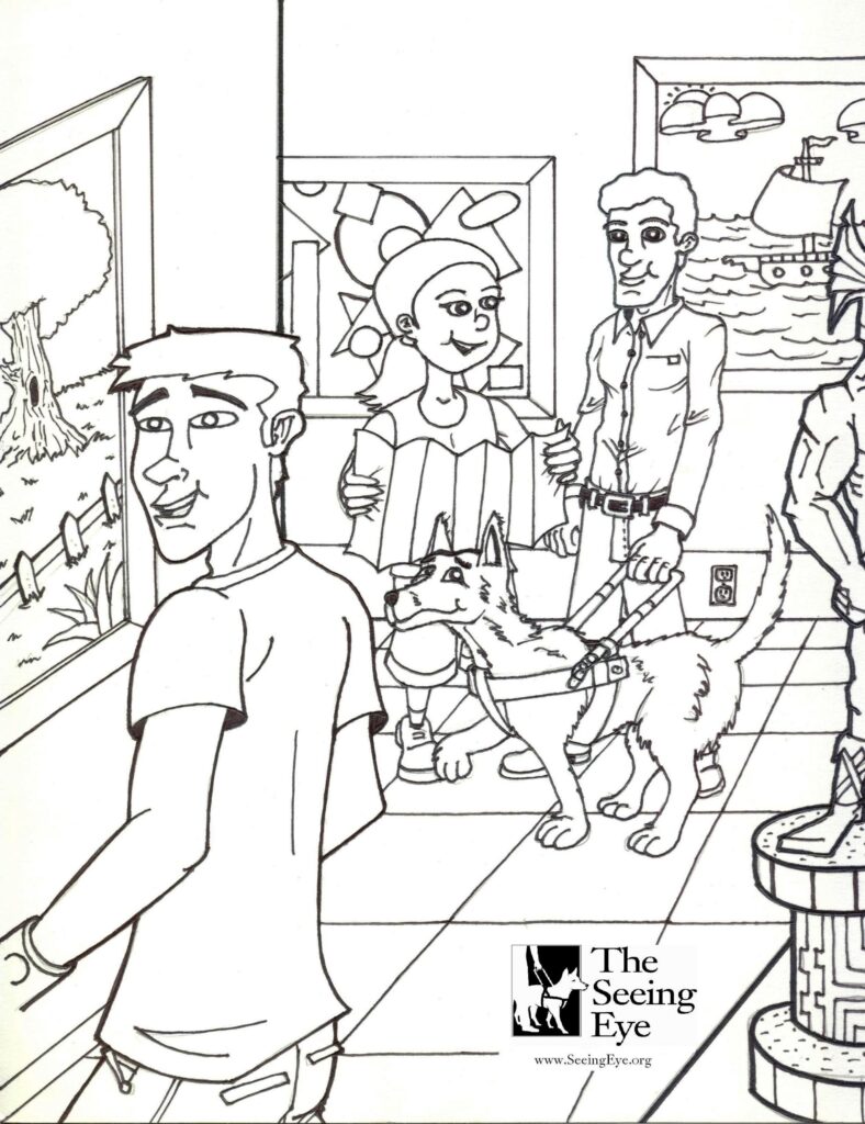 A man being guided by a Seeing Eye dog inside an art gallery. The logo of The Seeing Eye is in the lower right-hand corner.