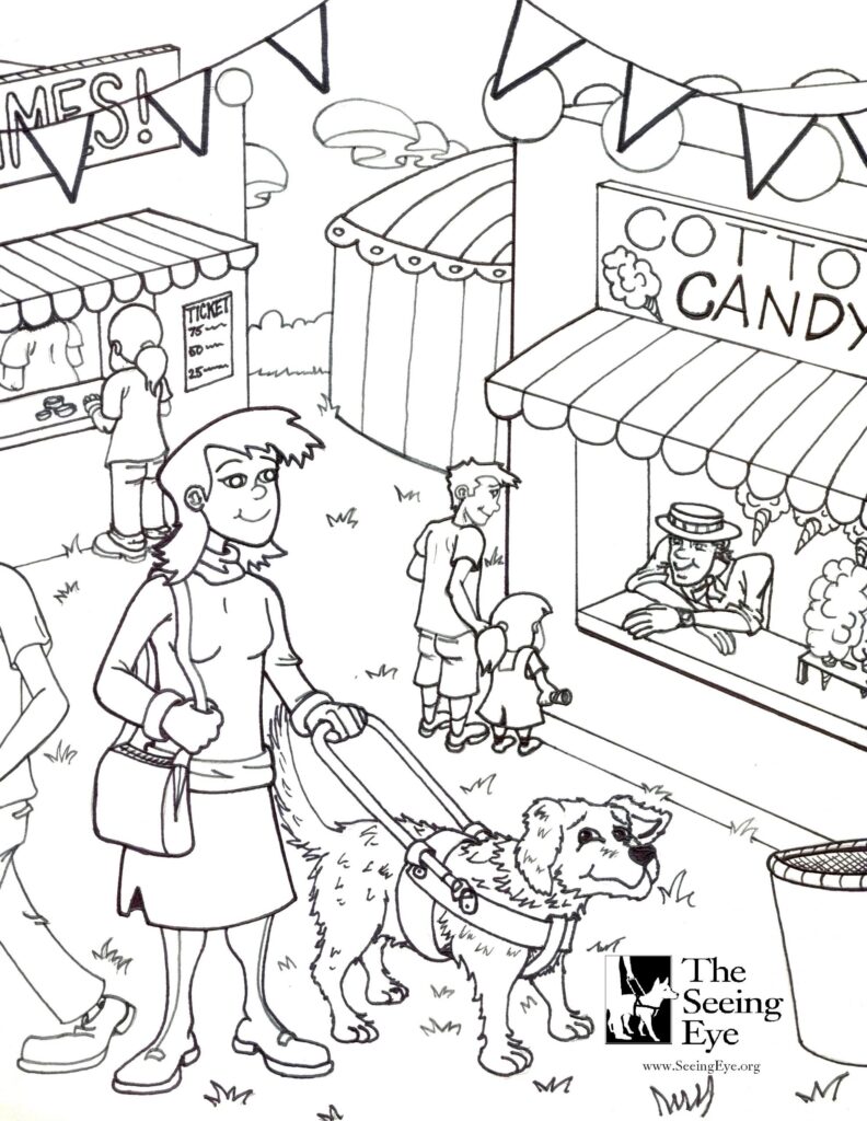 A coloring page showing a woman being guided at a busy carnival by a Seeing Eye dog. The logo of The Seeing Eye is in the lower right-hand corner.
