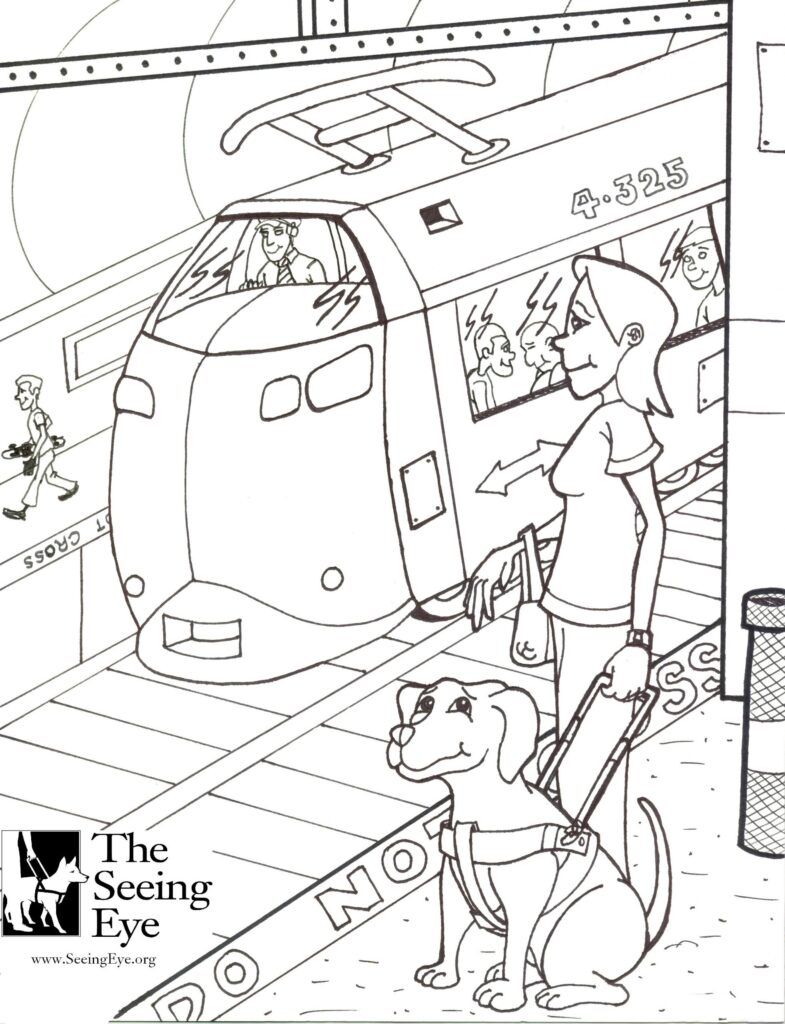 This is a coloring page. A woman with a Seeing Eye dog stands on a train platform waiting for a train to arrive. In the lower left-hand corner is the logo of The Seeing Eye.