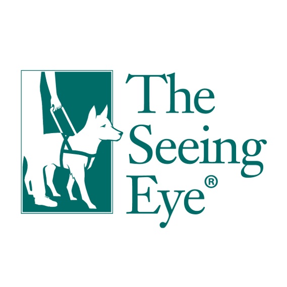 Image displaying The Seeing Eye logo. The logo is a dark green rectangle on the left side, within which there is a white silhouette of a person being guided by a Seeing Eye® dog. To the right, the words "The Seeing Eye®" are written in a serif font, with each word stacked vertically. The text is in a dark green color, matching the background of the rectangle.