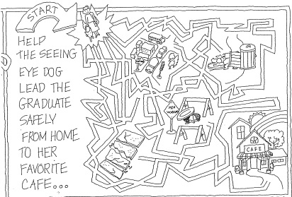 An image of a maze. At the start of the maze is a woman with a Seeing Eye dog, at the end of the maze is a cafe.