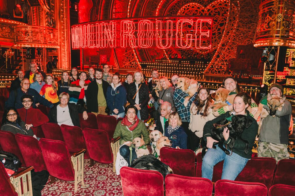 Twenty-seven Middlesex County puppy raisers pose before the stage of the Broadway musical Moulin Rouge with three yellow Labs, two German shepherds, one black Lab, and two golden retrievers.