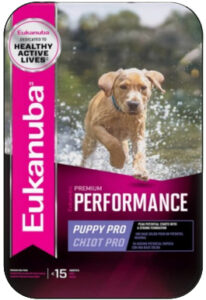 A bag of Eukanuba Puppy Pro Performance dog food.