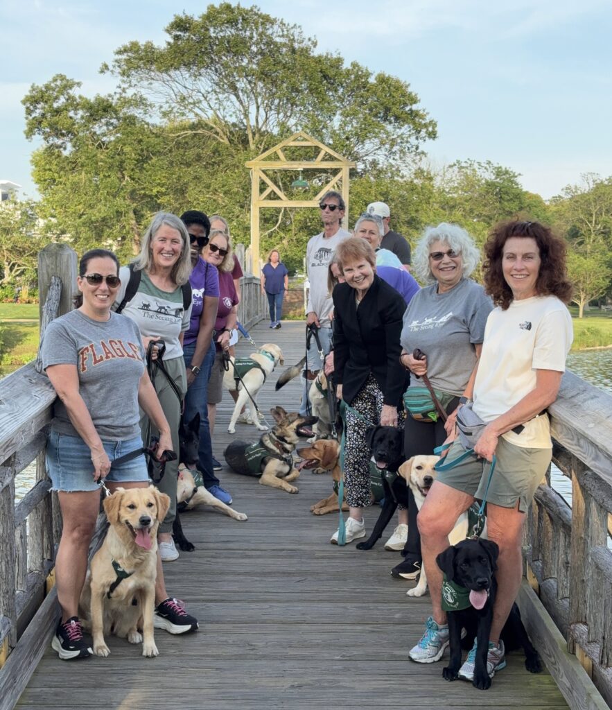 Twelve Monmouth County puppy club raisers pose with a golden retriever, five yellow Labs, three German shepherds, and two black Labs on a wooden bridge in Spring Lake, NJ.