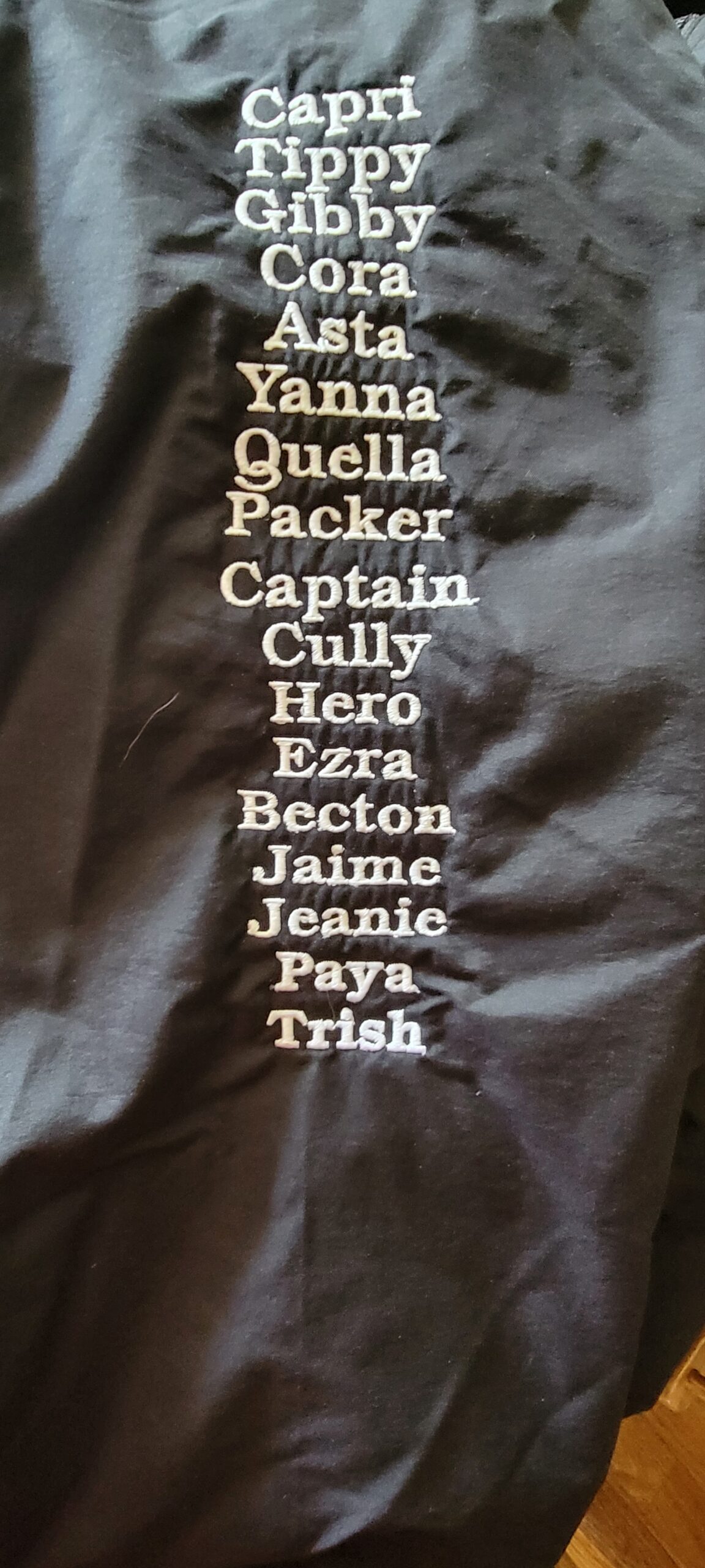 An embroidered sleeve of a jacket with the names of the puppies the Whalen family has raised. The list includes: Capri, Tippy, Gibby, Cora, Asta, Yana, Quella, Packer, Captain, Cully, Hero, Ezra, Becton, Jaime, Jeanie, Paya, Trish.