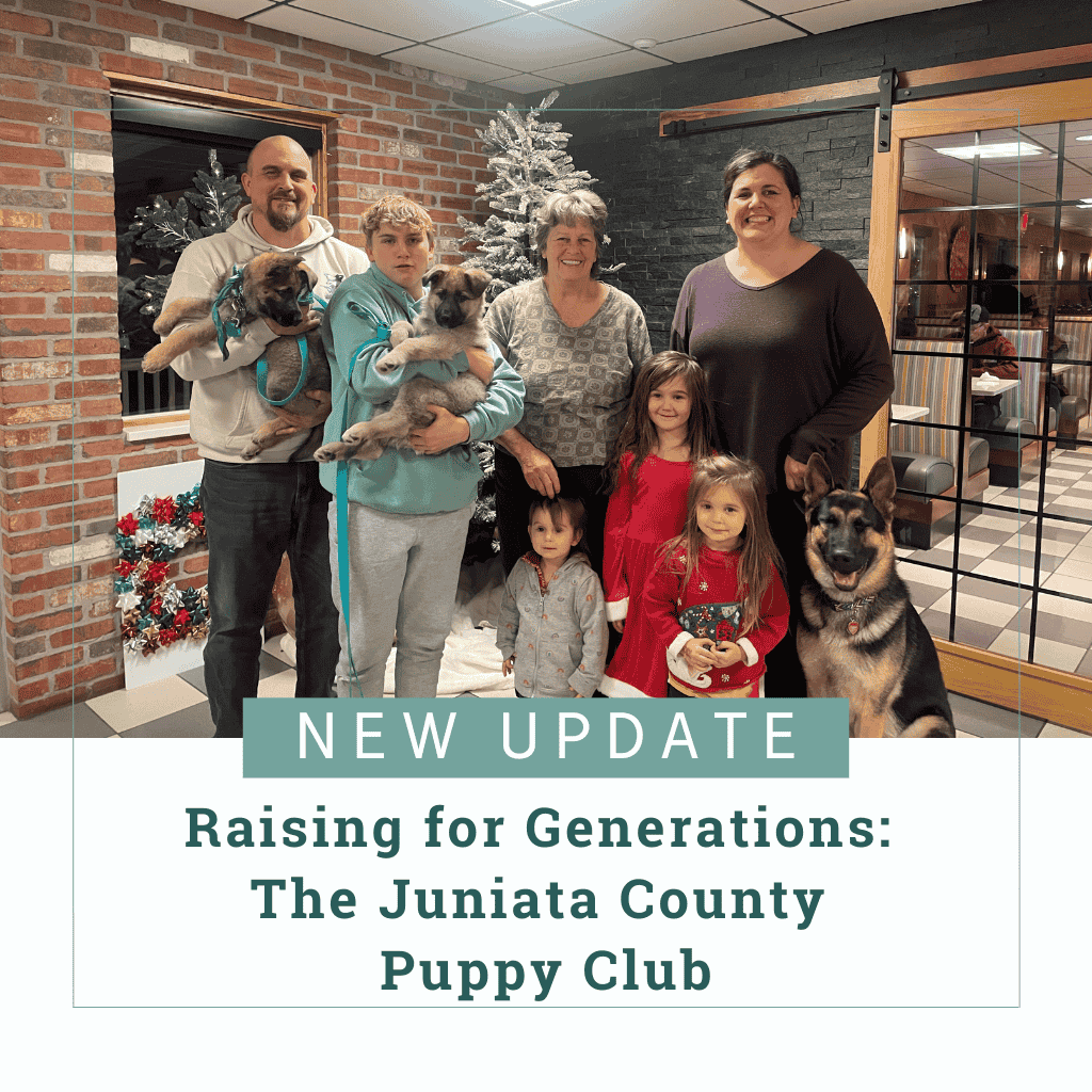 The Theurer family, Scott and his son, Marianne, and Laura and her three daughters at the Juniata County December club meeting. Scott and his son hold German shepherd puppies while the German shepherd Laura is raising sits beside her daughters. Text reads, New Update - Raising for Generations: The Juniata Puppy Club"