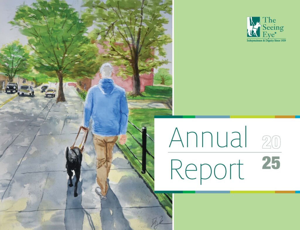 An image of the cover of The Seeing Eye Annual Report 2025, which shows a watercolor painting, viewed from behind, of a man being guided by a Seeing Eye dog on a sidewalk in Morristown.