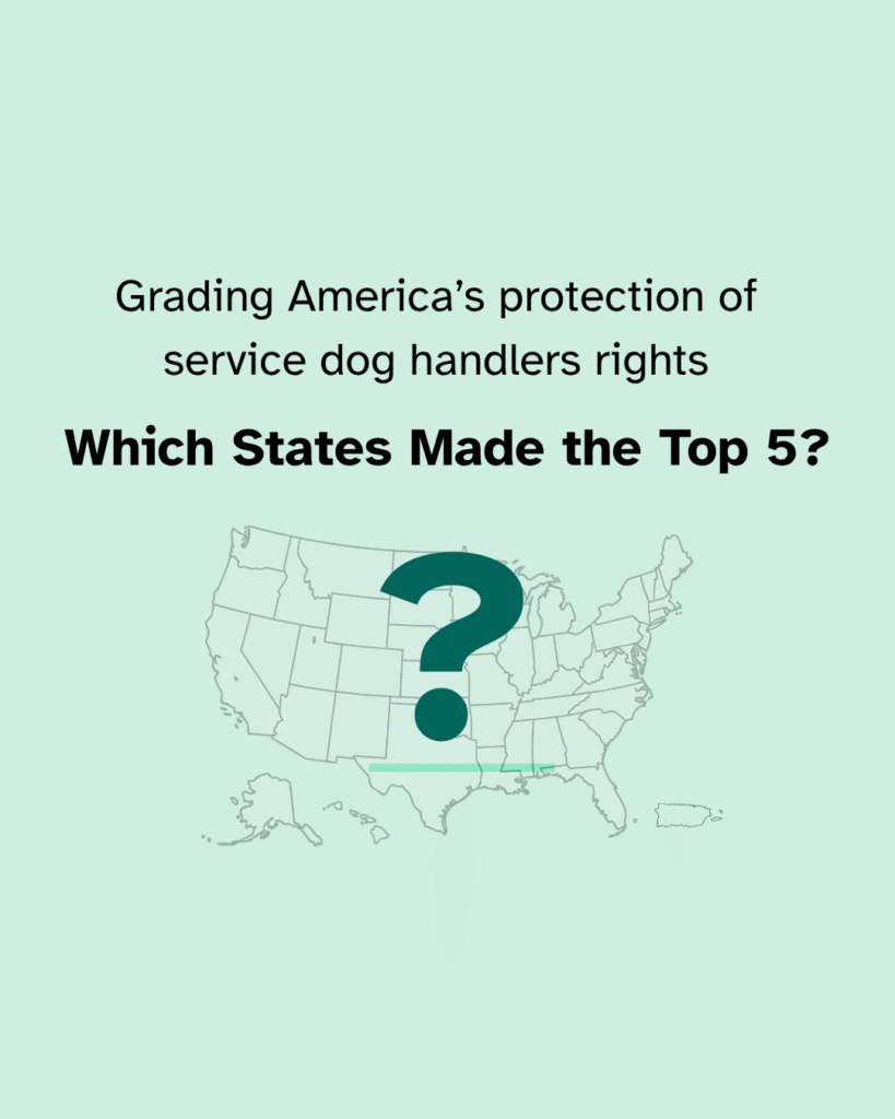A graphic features a questions mark over the map of the United States, including Puerto Rico, and The Seeing Eye’s logo. Text reads, “Grading America's protection of service dog handlers rights - Which States Made the Top 5?"