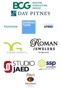 The logos of Boston Consulting Group; Day Pitney; Glenmede; Goldman Sachs; KPMG; O'Brien Garrett; Roman Jewelers of Bridgewater; StudioJAED; SSP Architects; Tito's Handmade Vodka