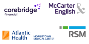 The logos of Corebridge Financial; McCarter and English; Atlantic Health Morristown Medical Center; RSM